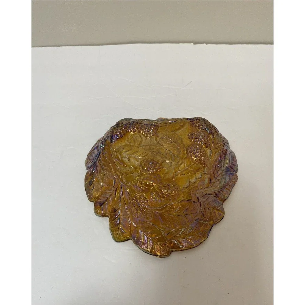 Vintage Indiana Carnival Glass Loganberry Leaf Amber Marigold Candy Dish Bowl